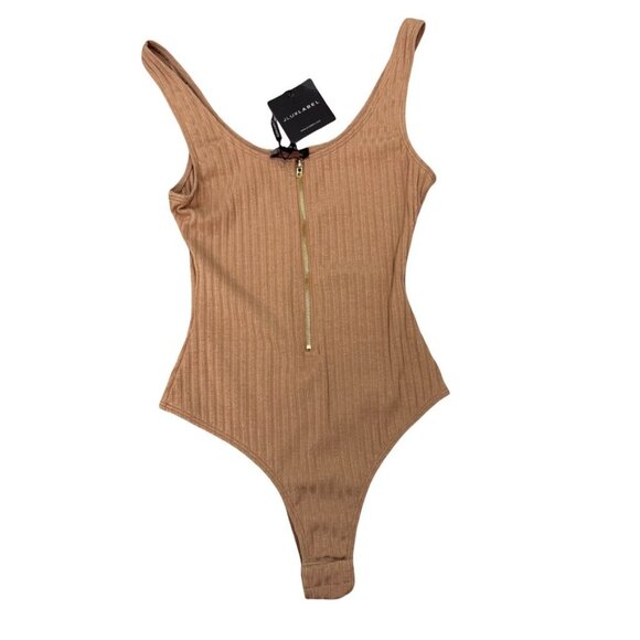 JLUXLABEL Ribbed Tank Zip Front Bodysuit Caramel Tan Size Small - Picture 1 of 7